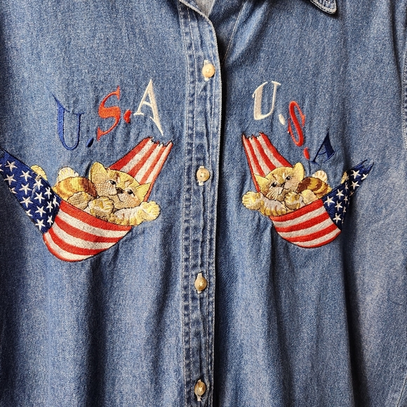 Vintage 90s Kitty Embroidered Denim Shirt M 😻 - Picture 5 of 7